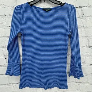 Lauren Ralph Lauren LRL Top Women's S Blue White Striped 3/4 Bell Sleeve Classic thumbnail 1