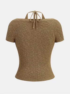 Commense S Brown Layered Wrap Knit Top Halter Tie Short Sleeve Y2K thumbnail 7