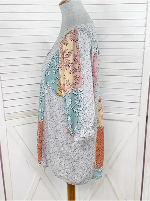 UMGEE Floral Patchwork Print‎ V Neck Chiffon Blouse Grey Multi Medium Boho thumbnail 2