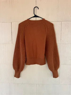 Maeve Mock-Neck Raglan Ribbed Sleeve Pullover Sweater | Rust | Size Small thumbnail 4