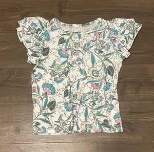 Women’s LOFT White Ruffle Sleeve Casual Top w/ Floral Print, Size Medium thumbnail 1