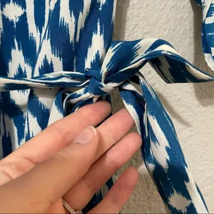 Maeve Blue Ikat Print 3/4 Sleeve Mini Shirt Dress Womens XS Belted Boho Anthro thumbnail 6