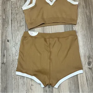 NWT Aerie 2- piece tan ribbed bootyshorts sports bra sz Medium Large shortie thumbnail 7