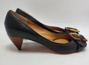 Chloe Leather Buckle Peep Toes Kitten Heels Slip On Pumps Size 37 Black thumbnail 1