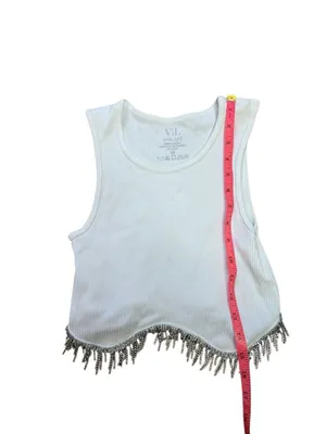 White Ribbed Rhinestone fringe Tank Top Medium Vital Life thumbnail 3