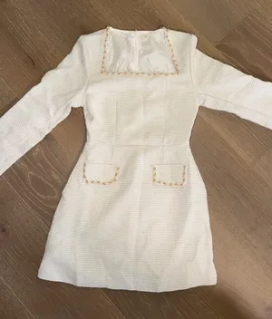 Textured Ivory Long Sleeve Mini Dress with Trim thumbnail 1