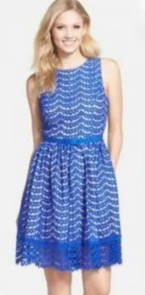Eliza J lace eyelet belted Patterned Dress blue nude‎ size 6 thumbnail 1