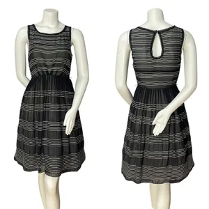 Anthropologie Hitherto Silk Dress Stripes Retro Sleeveless Fit‎ and Flare Black thumbnail 3