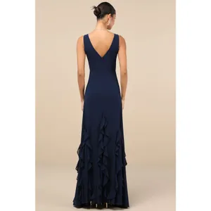 NWT Lulus Alorna Dark Navy Sleeveless Ruffled Maxi Dress Wedding Bridesmaid Sz S thumbnail 3