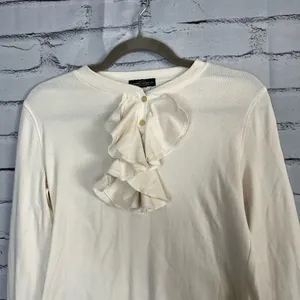 Lauren Jeans Co Ruffle Front ¼-Button Long Sleeve White Top Preppy M Blouse Y2K thumbnail 5