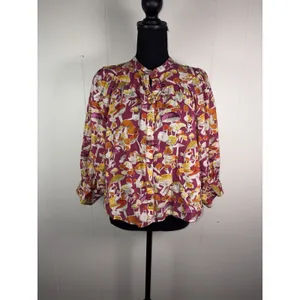 Anthropologie Maeve Femme Collarless Pink Orange Mushrooms Cotton Top M Boho thumbnail 3