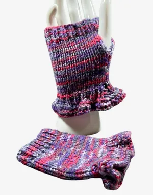 Handknit Wrist Warmers Blue & Pink Ruffle Cuff thumbnail 1