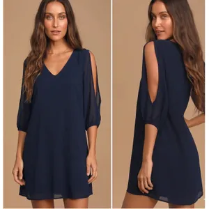 LULUS Shifting Dears Navy‎ Blue Chiffon Cold Shoulder Long Sleeve Shift Dress thumbnail 2