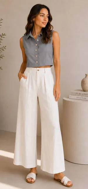 Rivir Sleeveless Button Front Crop Top – Gray Large thumbnail 1
