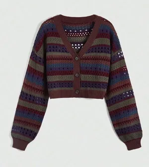 Retro multi-colored striped openwork knit cardigan thumbnail 1