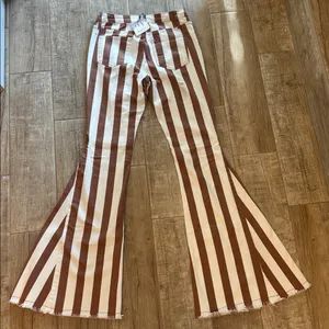 Wysteria Lane Brown & White Striped High-rise, flare jeans with a raw/frayed hem thumbnail 5