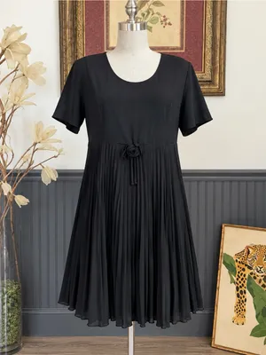 Vintage CDC Caren Desirée Black Pleated Rosette A-Line Dress Sz 12 💚🎀 thumbnail 3