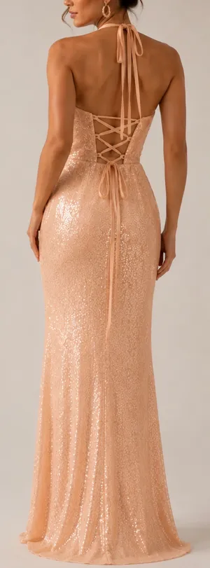 Class & Fashion Elegant Blush Sequin Dress. Side Slit Corset Back S/M thumbnail 3