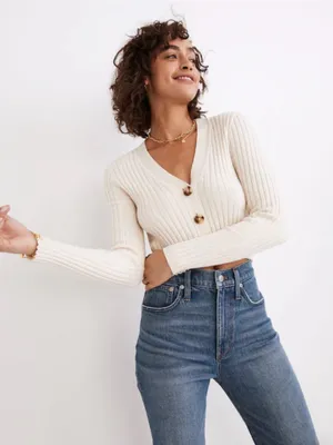 Madewell Brenville Cream Ribbed Cropped Cardigan L Button Front V Neck Minimalis thumbnail 1