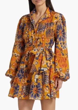 FARM Rio Pineapple Flowers Yellow Orange Mini Dress Belted Size XS thumbnail 1