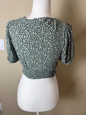 American Eagle Puff Sleeve Green Floral Print Wrap Top Size XS thumbnail 3