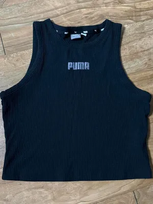 Puma Black Ribbed Cropped Tank with Logo thumbnail 1