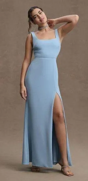 Ashlynn Square-Neck Stretch Crepe Side-Slit Gown, Light Blue Size 10 thumbnail 1