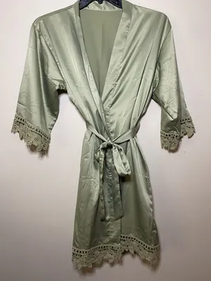 Handmade WOMENS Sage green Satin-Look Fabric short robe crochet lace detailed OSFM thumbnail 1