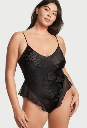 Victoria's Secret VS Archives Black Floral Burnout Ruffle Bodysuit Medium M thumbnail 1
