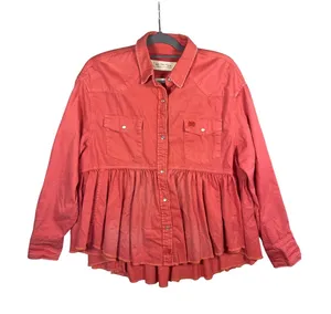 We The Free People Distressed Pink Western Peplum Snap Front Cotton Shacket SM thumbnail 1