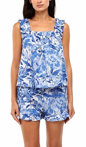 GAP 2 Pc Pajama Set Sz Medium Blue Floral 100% Cotton Ruffle Sleep Shorts Lounge thumbnail 1