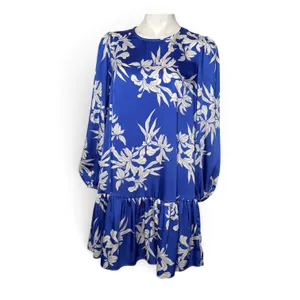 Alexis Floral Satin Mini Dress Large Blue White Long Sleeve No belt thumbnail 2