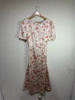 Rhoas Pink Satin Floral Short Sleeve Midi Dress - Size Medium thumbnail 3