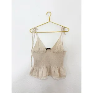 NWT Zara Tan Smocked Tie Straps Lace Trim Top Size Medium 0881/010 thumbnail 4