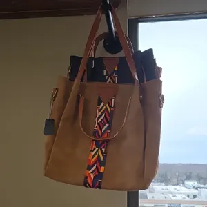 Elegant Tan Tote with Colorful Pattern Brown thumbnail 4