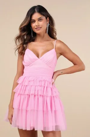 NWT Lulus Special Poise Pink Tulle Pleated Sleeveless Tiered Mini Dress Barbie M thumbnail 1