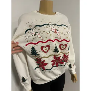 Vintage 90s NutCracker Christmas Sweatshirt White Reindeer Poinsettia Glitter M thumbnail 2