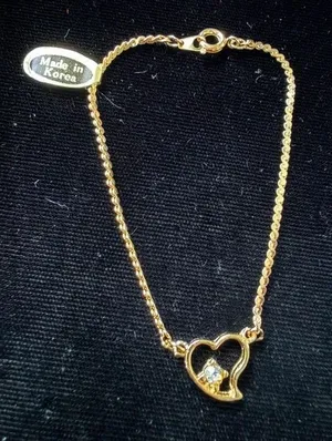 Gold Plated Heart Bracelet, Crystal, Made in Korea, 7" thumbnail 1