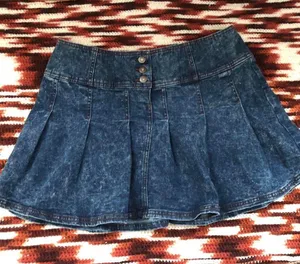Y2K Jean Denim Micro Mini Pleated Flare Skirt Mid-High Rise Button #gothic #subversive #whimsygoth #grunge #gorp punk biker moto thumbnail 1