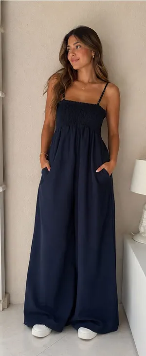 Smocked Bodice Wide-Leg Jumpsuit in Navy thumbnail 1