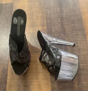 Lucious Clear Platform Heels Size 8 Black Lace Exotic Dancer Pleaser Mules thumbnail 1