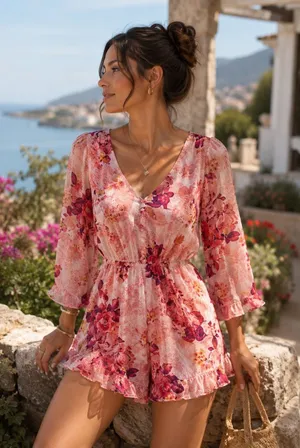 Billabong Pink Floral Boho Romper V-Neck Ruffle Hem Size‎ 6 thumbnail 1
