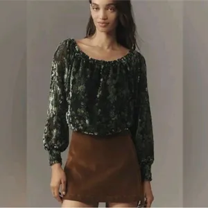 BY ANTHROPOLOGIE Off-Shoulder Burnout Velvet Blouse Green Floral Sz XLarge thumbnail 2