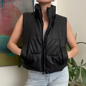 Zara faux leather black high neck puffer zip up vest XS thumbnail 2