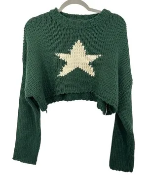 Edikted Green Star Cropped Chunky Knit Sweater Crew Neck Long Sleeve Pullover‎ thumbnail 1