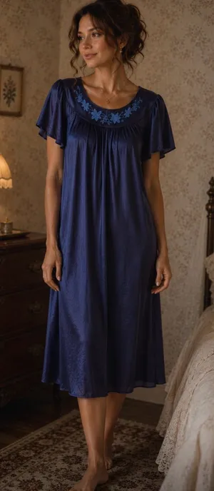 Vintage Inspired Navy Nightgown Embroidered Sleep Victorian Inspired Dress thumbnail 1