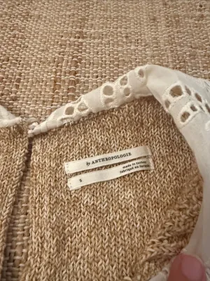 Anthropologie Lace-Trim Peter Pan Collar Tan White Knit Tank size Small thumbnail 6