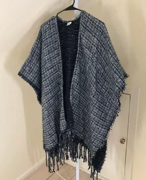 Jessica McClintock EUC Women's Blue Plaid Metallic Boucle Cape Poncho One Size thumbnail 1