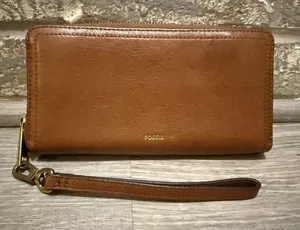 Fossil Logan Brown Pebbled Leather Zip Around Wristlet Wallet‎ Clutch thumbnail 1