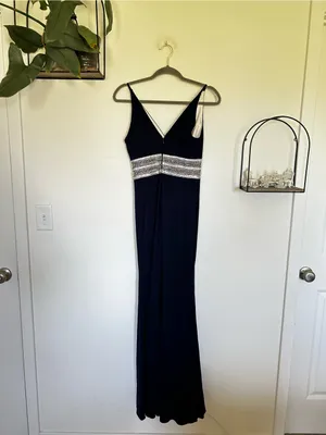 Xscape Navy Blue‎ Rhinestone V Neck Leg Slit Long Maxi Dress Formal Gown Size 4 thumbnail 2